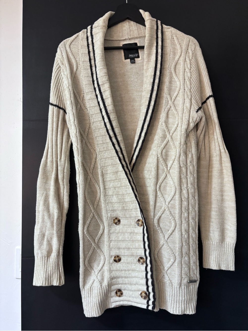 Volcom Cream Cable Knit Shawl Collar Cardigan with Black Trim